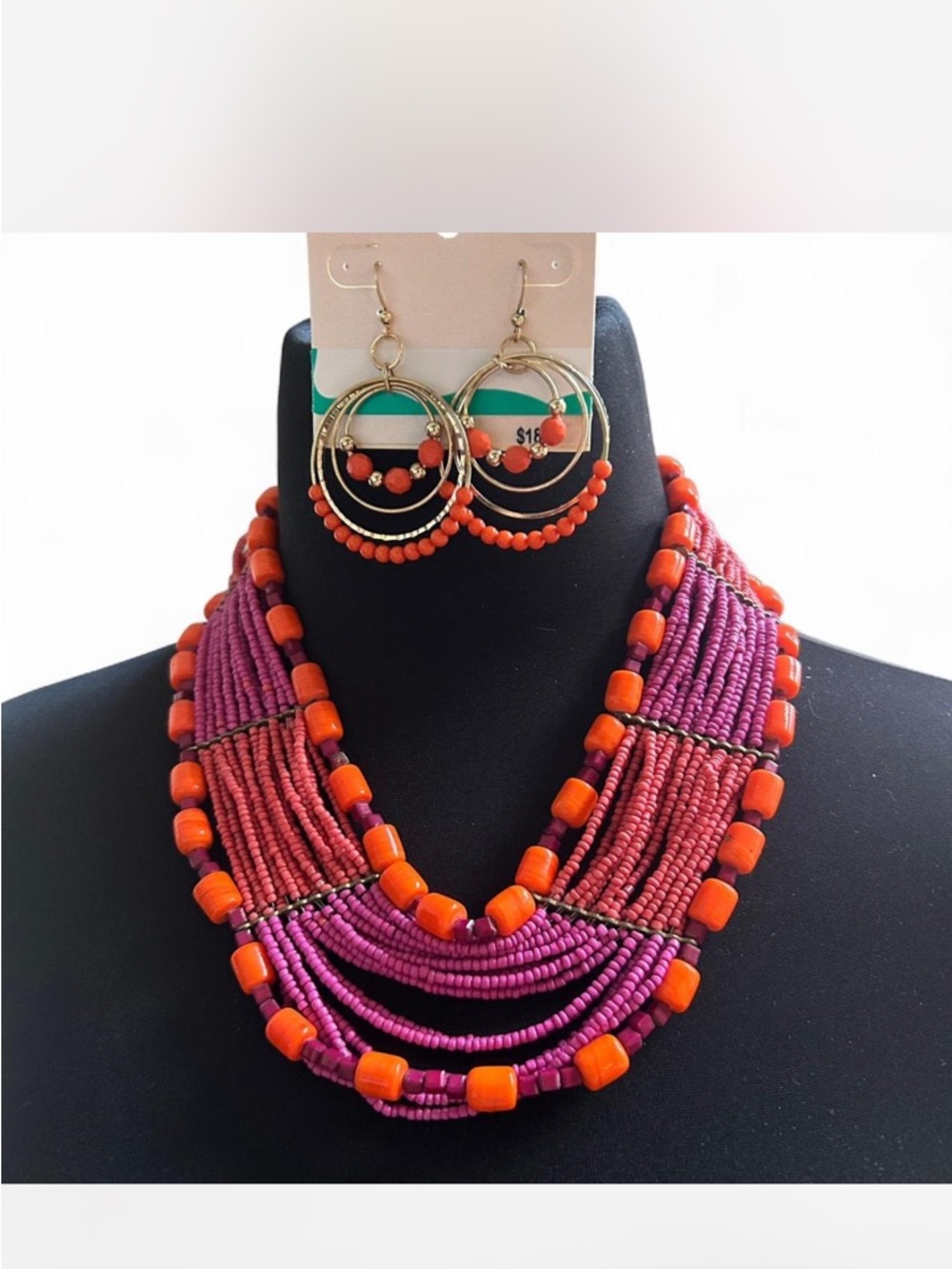 NWT Erica Lyons Purple & Orange Multi-Strand Beaded Necklace with Earrings Set